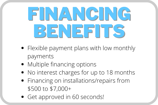 Financing benefits -- Flexible payment plans with low monthly payments, Multiple financing options, No interest charges for up to 18 months, Financing on installations/repairs from $500 to $7,000+, Get approved within 60 seconds